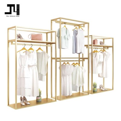 Retail Store Fixture Hanging Clothes Custom Lady Shop Design Metal Gold Clothing Dress Display Rack