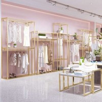 Square Gold Metal Retail Clothing Display Rack Shop Fitting Clothes Display Floor Type Garment Boutique Clothing Rack With Shelf