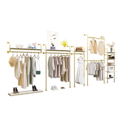 Custom Fashion Pretty Metal Stainless Steel Gold Garment Stand Floor Wall Mounted Clothes Shelves Clothing Rack For Shop